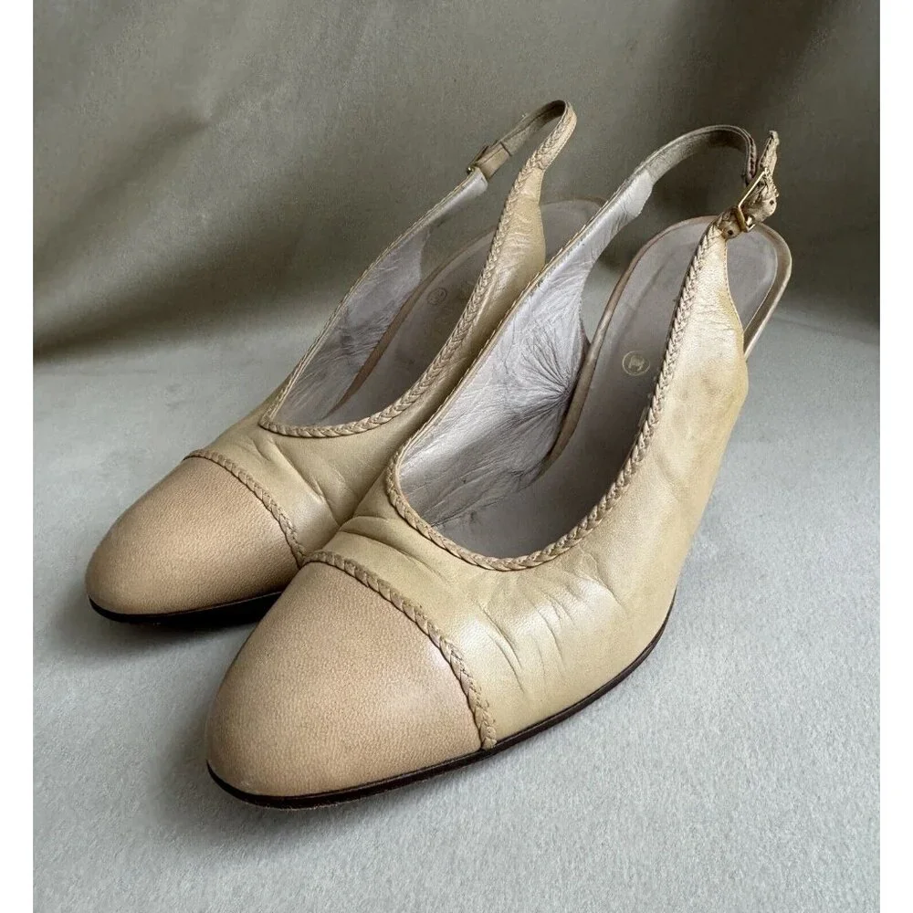Chanel Vintage Sling back Size 6G Beige Leather Heels Shoes - Picture 3 of 9